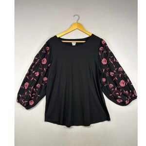 Chico's Size 3 Black Top with Pink Floral Embroidered Balloon Sleeves
